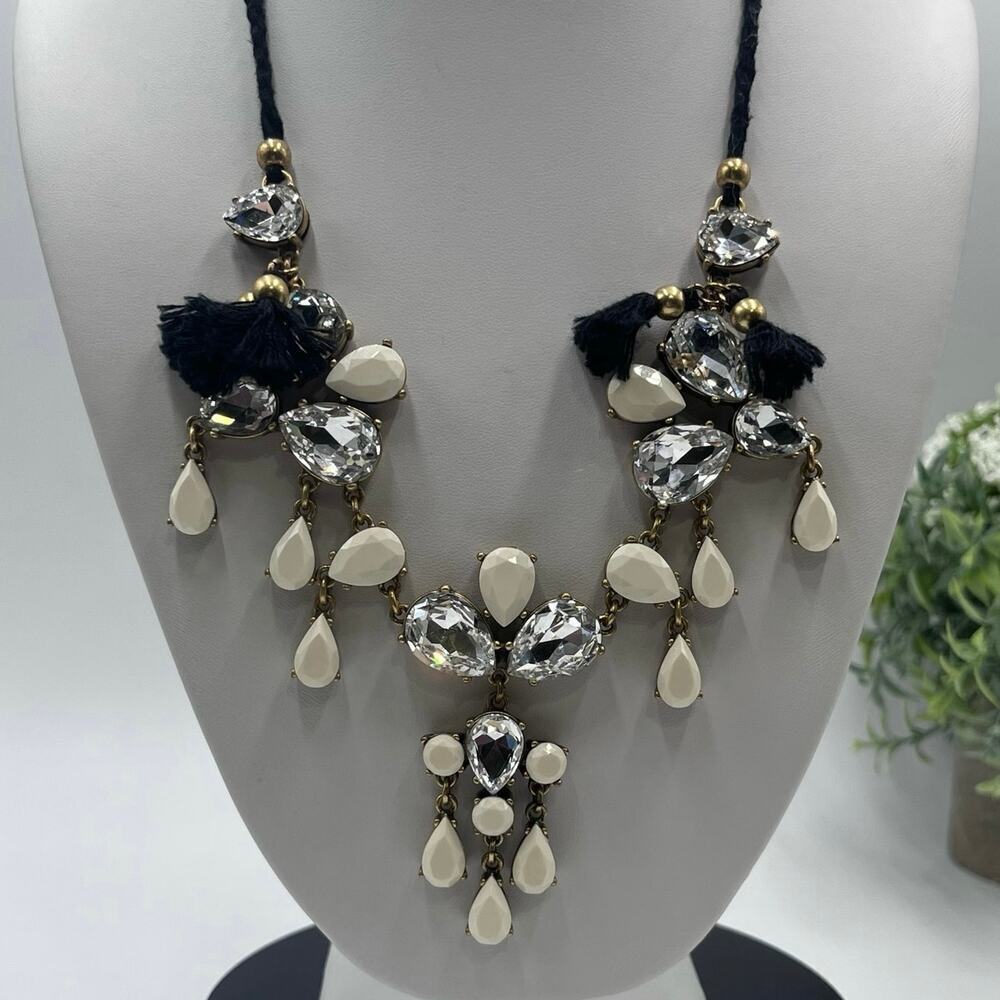 J. Crew Crystal Clear Milky White‎ Gems Black Fringe Adjustable Tie Necklace